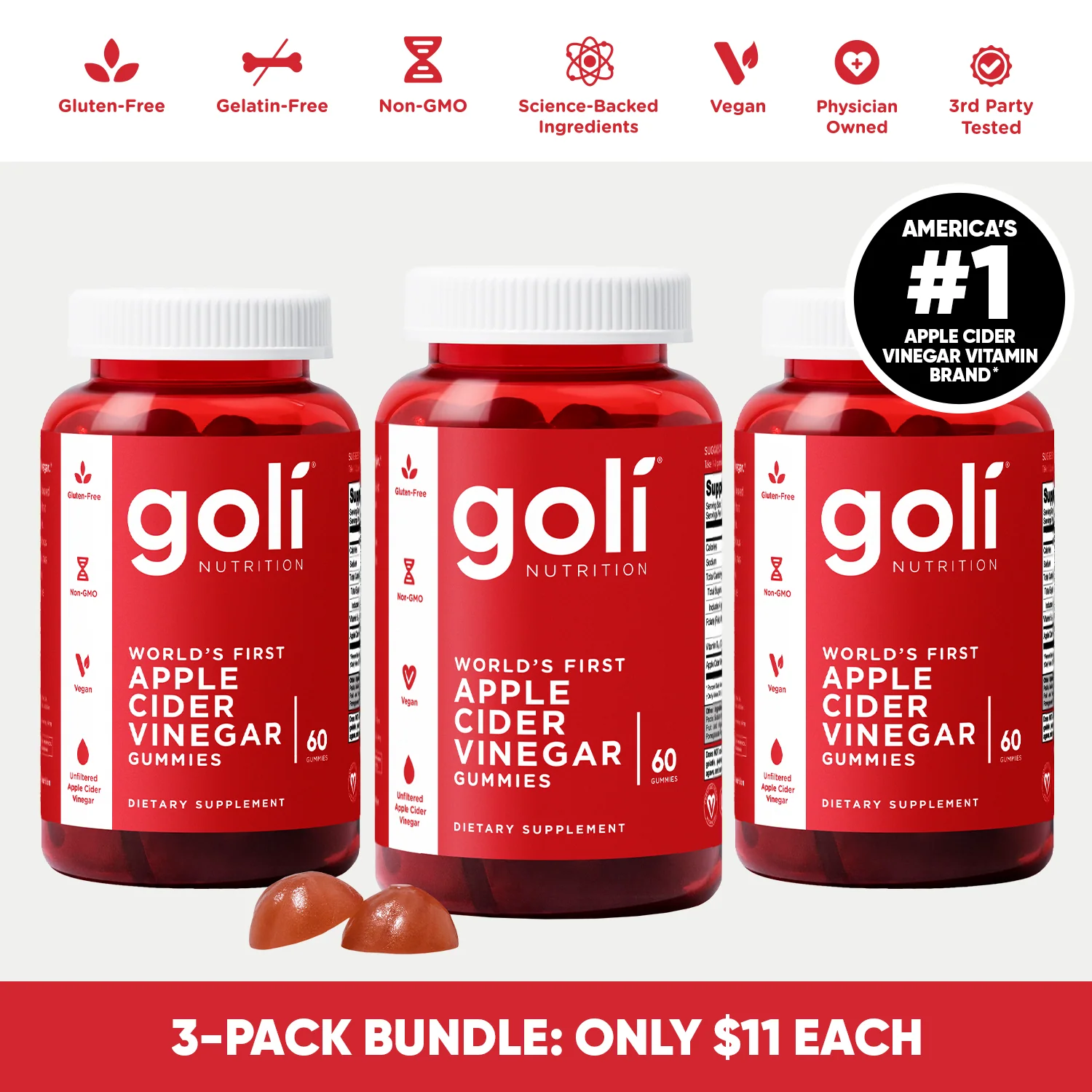 3 Bottles of Apple Cider Vinegar & Vitamin B12 Gummies