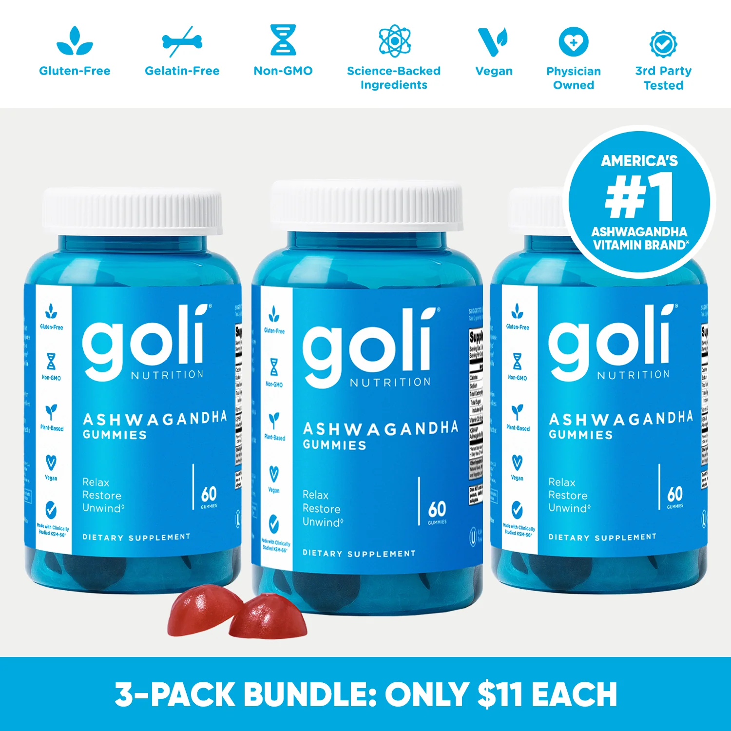3 Bottles of Goli Ashwagandha & Vitamin D Gummy - KSM-66, Vegan, Plant Based, Non-GMO, Gluten-Free & Gelatin Free