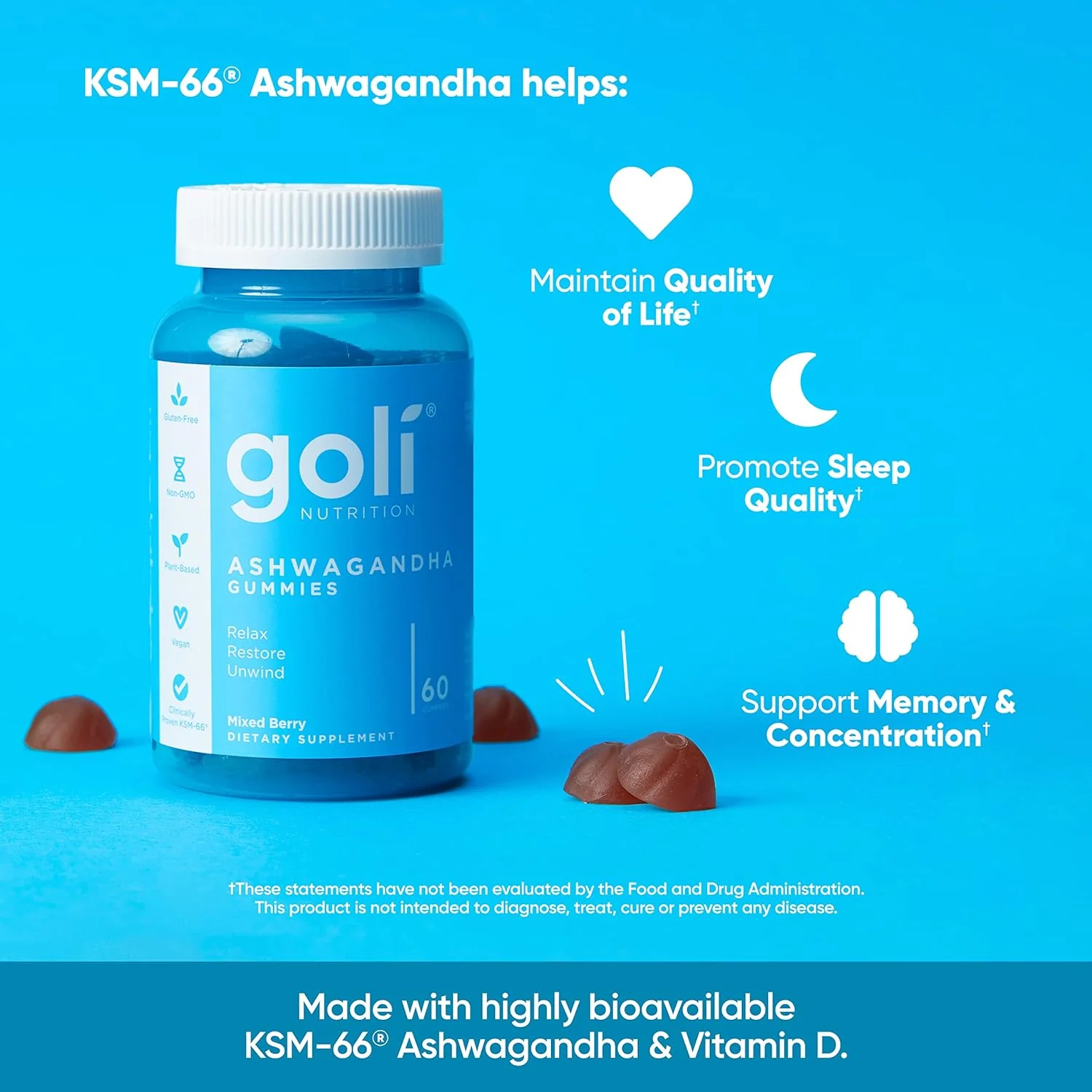 Goli Ashwagandha & Vitamin D Gummy - Mixed Berry, KSM-66, Vegan, Plant Based, Non-GMO, Gluten-Free & Gelatin Free. America's #1 Ashwagandha Brand - Image 4
